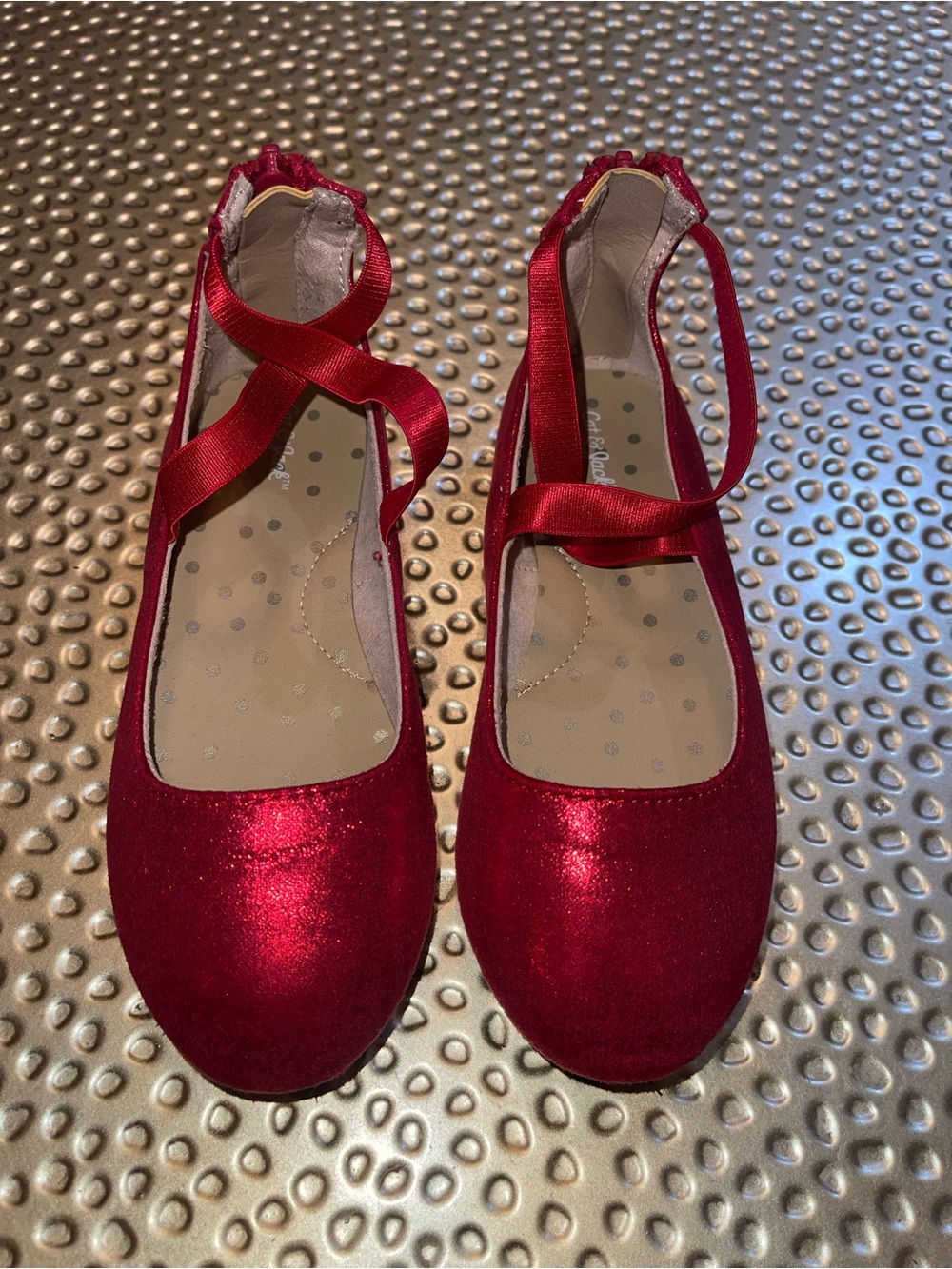 Cat & Jack Girls Red Glitter Ballet Flats with Cross Ribbon Strap